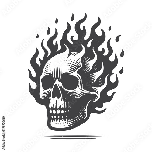 Vintage Hand-Drawn Skull with Flames Illustration – Fiery Engraved Style Vector for T-Shirts, Posters, Stickers, and Biker Themes Apparel