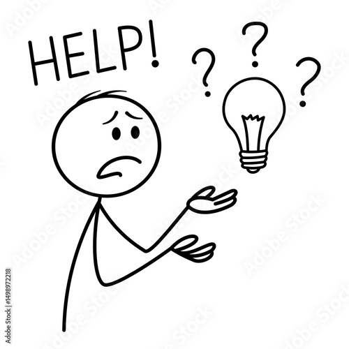 Stick figure person needing help with ideas. Vector cartoon illustration of problem-solving struggle and creative block.