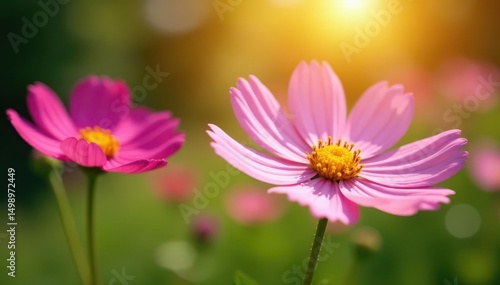 Cosmos flower heads in a sunlit garden setting , garden, cosmos