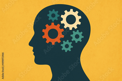 Silhouette of a head with gears inside, representing thought process on yellow background