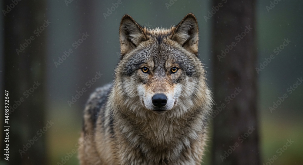 Wolfs intense gaze in misty forest Wolfs intense gaze in misty forest