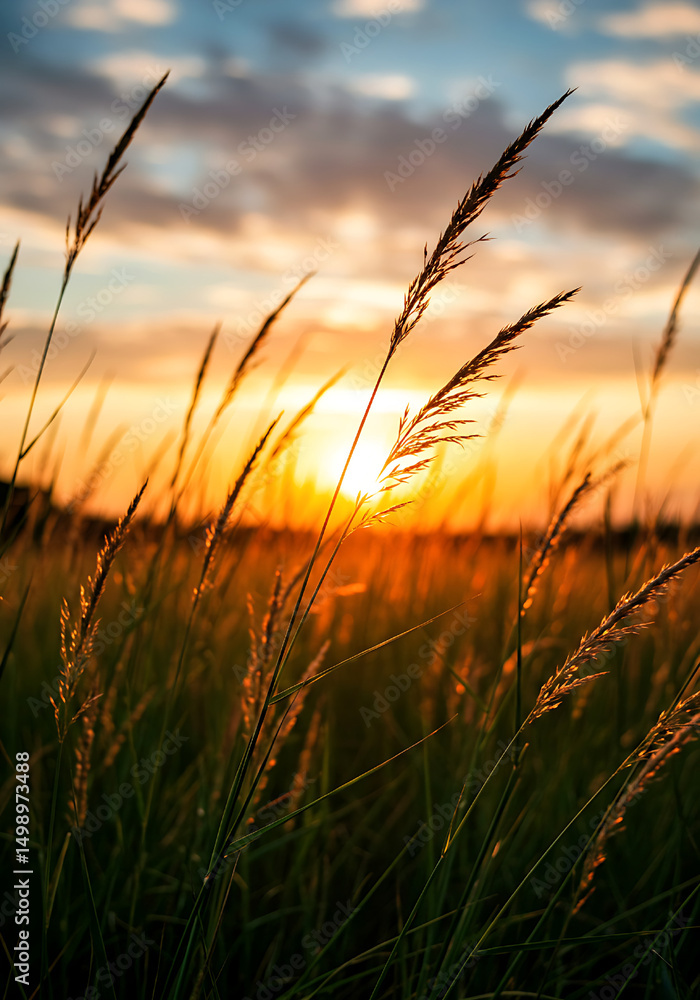 Fototapeta premium wheat field at sunset, Golden Sunset Through Tall Grass in Nature Field