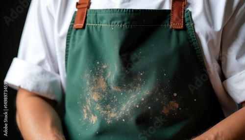 Fototapeta Naklejka Na Ścianę i Meble -  Close-up of a chef's stained apron, flour dusting the fabric, showing years of culinary experience , domestic, spices