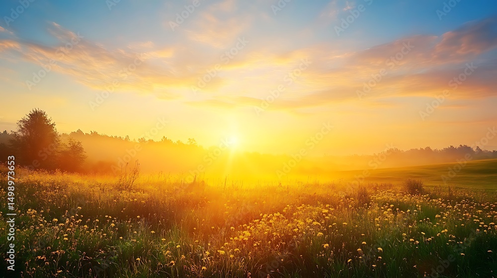 Fototapeta premium A serene sunrise over a vibrant meadow filled with flowers and soft mist.