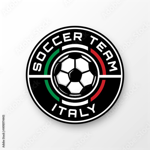 Circle football logo badge with a soccer ball illustration and Italy flag color. sport team logo vector template.
