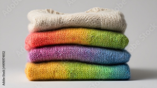 Rainbow knitwear sweater folded on linen, minimal shadow play and white backdrop