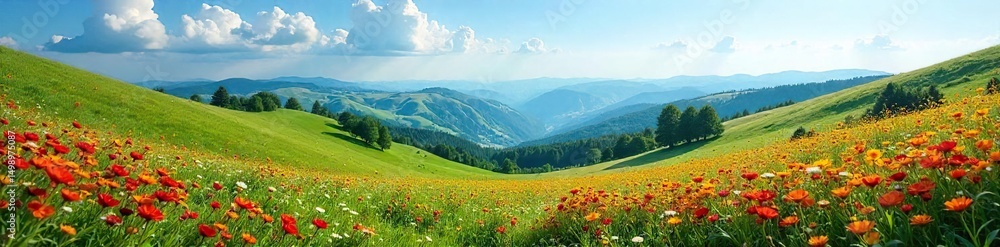 Obraz premium Serene vista of rolling hills, vibrant wildflowers carpeting the landscape under a vast, clear sky Perfect for travel, nature, and adventure themes , adventure, breathtaking, outdoor