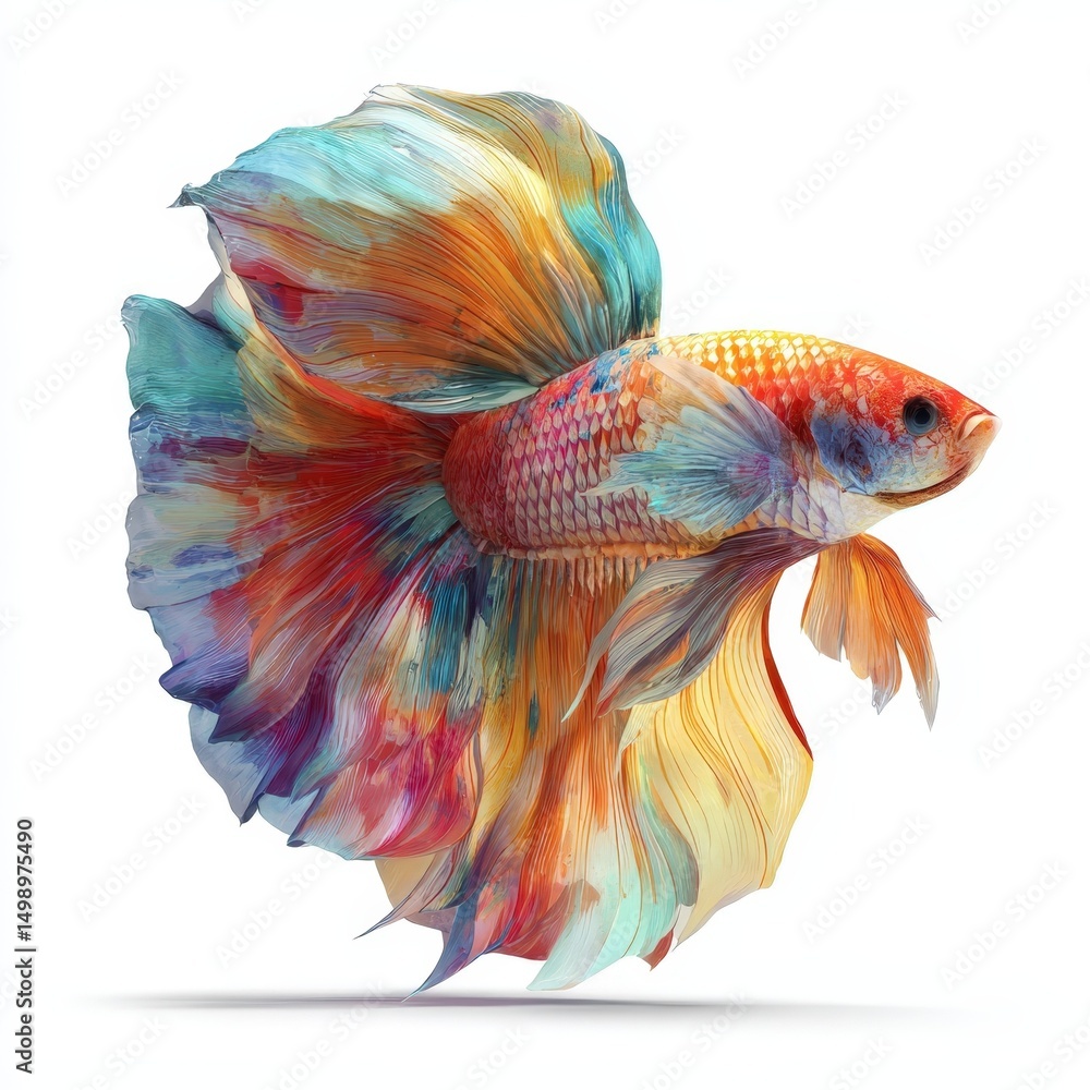 Fototapeta premium Vibrant Multicolored Siamese Fighting Fish Isolated on White Background Aquatic Pet Colorful Fish Tail Exotic Fish