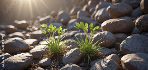 Delicate plant sprouts through rough stones, bathed in sunlight ,  plant,  wildflower