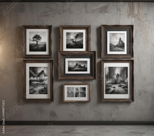 Multiple frame sizes, textured wall, gallery style display,  size variation,  frames display,  background texture