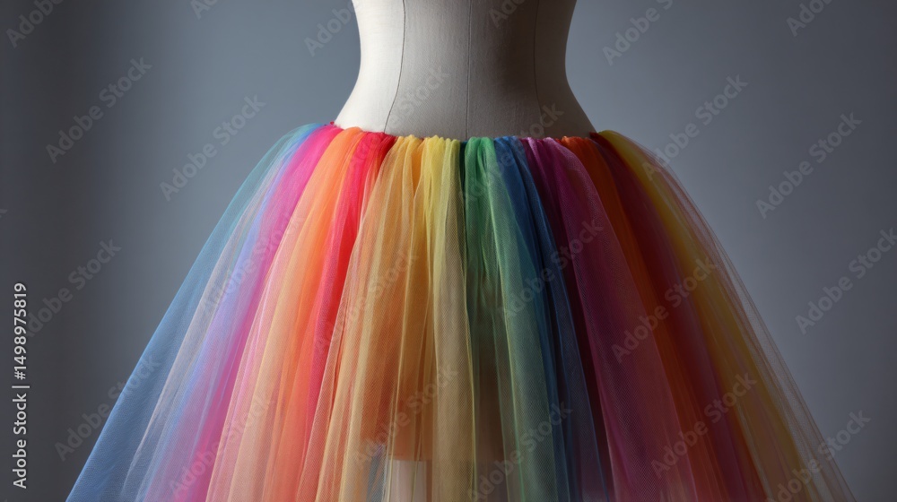 Rainbow tulle skirt on mannequin, isolated with soft fabric textures and copy space Rainbow tulle skirt on mannequin, isolated with soft fabric textures and copy space