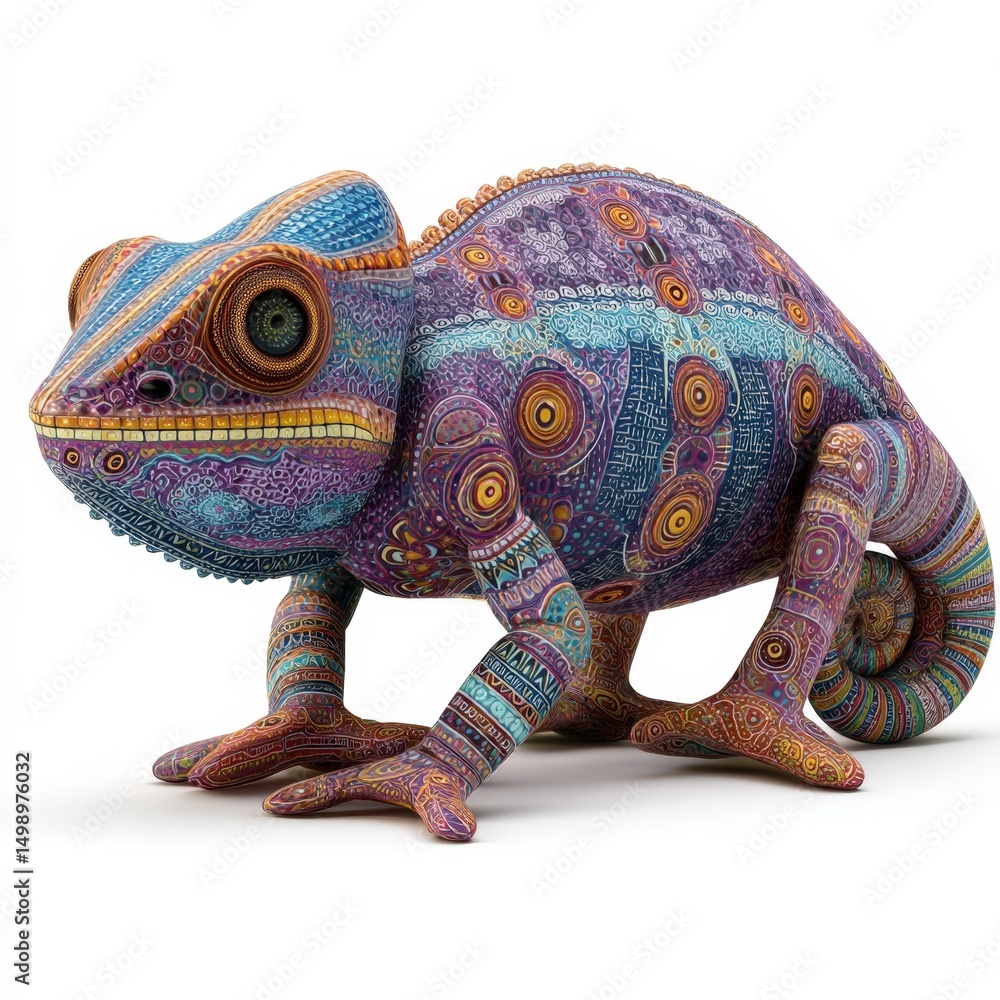 Fototapeta premium Vibrant Chameleon Sculpture Intricate Tribal Design Reptile Art