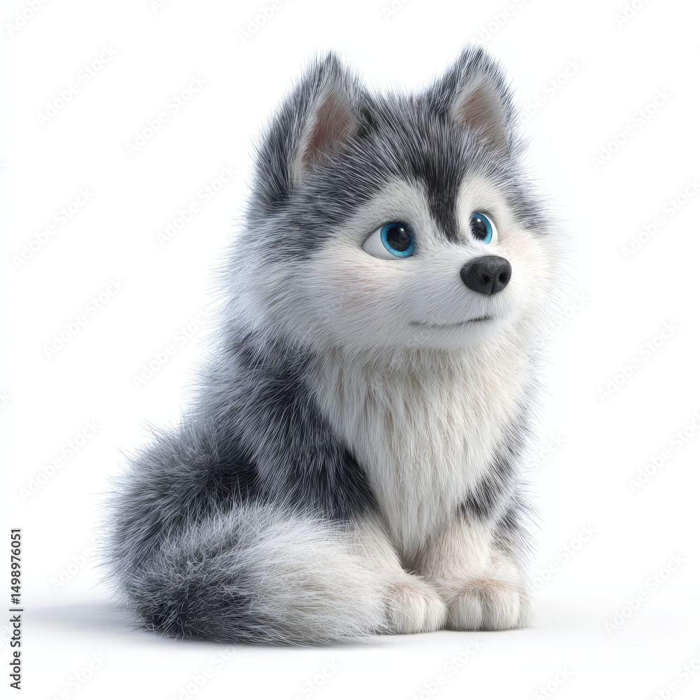 Adorable 3D Rendered Husky Puppy Sitting Fluffy Fur Gray White Dog Pet Animal Adorable 3D Rendered Husky Puppy Sitting Fluffy Fur Gray White Dog Pet Animal