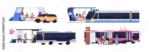 Set of urban bus stops with waiting people and arriving public transport. Passengers standing, get into taxi car, trolleybus, tramway in city. Flat isolated vector illustrations on white background