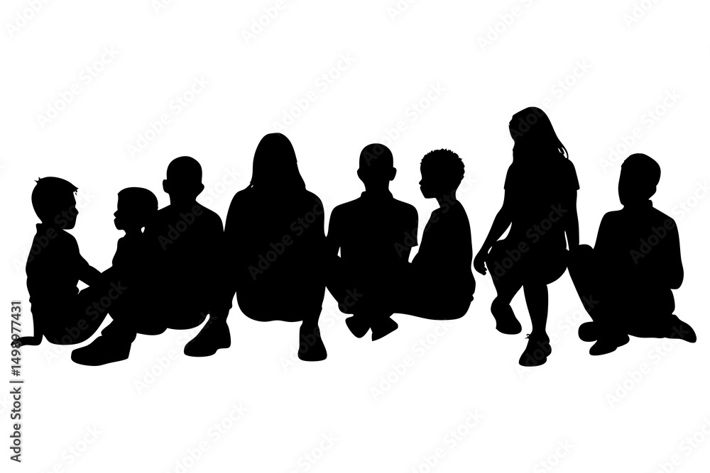 Obraz premium Minimalist Black and White Silhouette Illustration of People Sitting in Zen Meditation Pose, Depicting Mindfulness, Spiritual and Wellness Retreat with Simple Monochrome Design