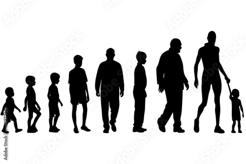 Minimalist Black and White Vector Illustration Depicting Human Evolution and Development Through Abstract Silhouettes, Conceptual Representation of Human Growth and Lifecycle