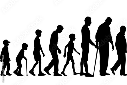 Minimalist Black and White Vector Illustration Depicting Human Evolution and Development Through Abstract Silhouettes, Conceptual Representation of Human Growth and Lifecycle