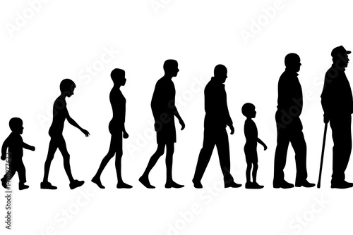 Minimalist Black and White Vector Illustration Depicting Human Evolution and Development Through Abstract Silhouettes, Conceptual Representation of Human Growth and Lifecycle