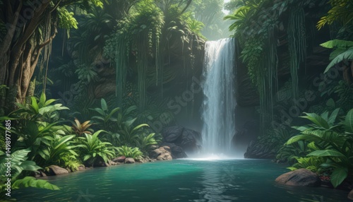 Emerald waterfall cascades through vibrant tropical foliage ,  paradise,  fresh