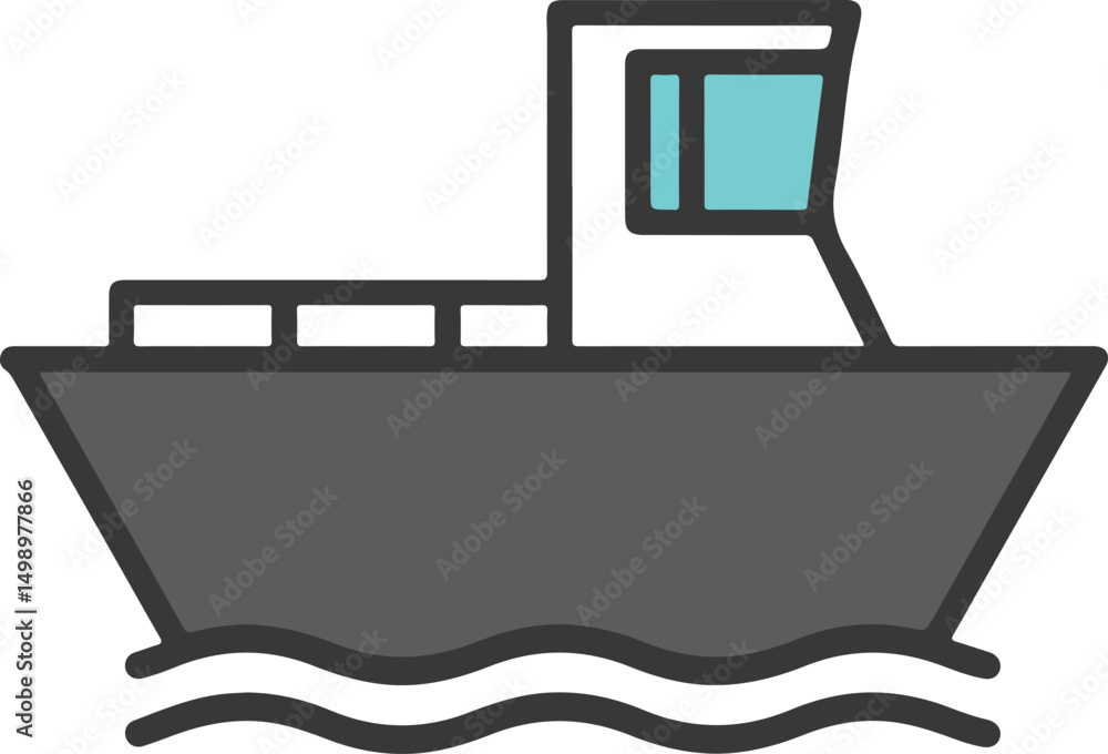 Simple illustration of a boat on the water, with a cabin and waves. Simple illustration of a boat on the water, with a cabin and waves.