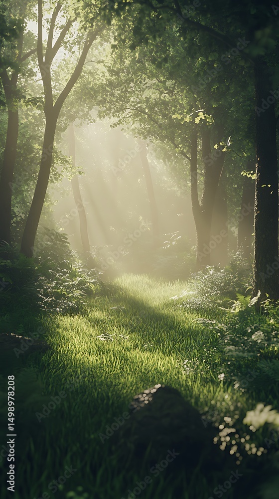 Obraz premium A serene forest path illuminated by soft sunlight, inviting exploration and tranquility.