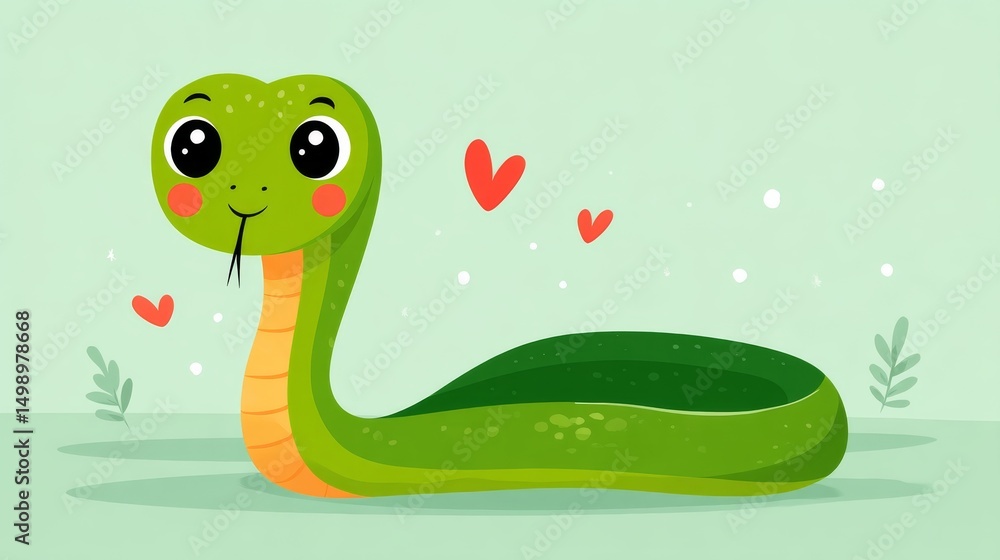 Fototapeta premium Kawaii Green Snake with Big Eyes Surrounded by Hearts in a Playful Atmosphere