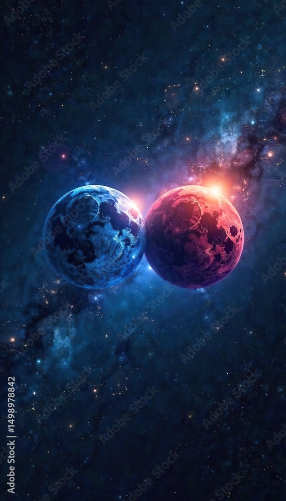 Obraz premium Two celestial bodies, mirroring each other, shine brightly in the night sky, representing a cosmic duality A stunning visual of astral symmetry and twin constellations , symmetry, celestial
