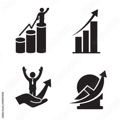 Business and financial success icons illustrated with silhouette figures and growth arrows