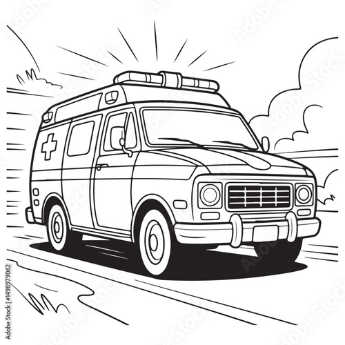 Ambulance Driving Through City Streets - Line Art for Emergency Services