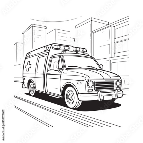 Ambulance Driving Through City Streets - Line Art for Emergency Services