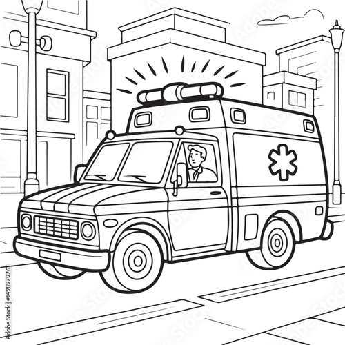 Ambulance Driving Through City Streets - Line Art for Emergency Services