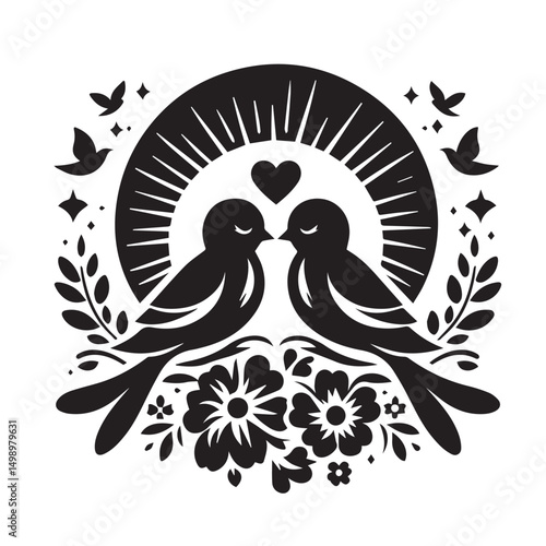 Romantic Birds in Floral Wreath Black and White Illustration
