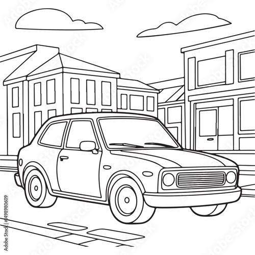 Classic Car Parked on a City Street - Line Art for Transportation and Urban Design