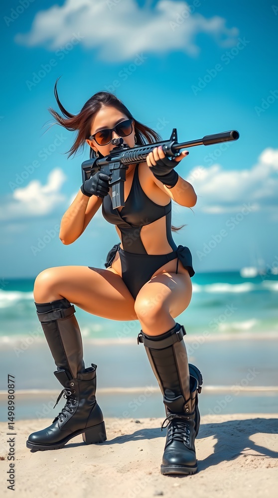 Obraz premium Woman in swimsuit and boots aiming rifle on beach tactical training summer vacation