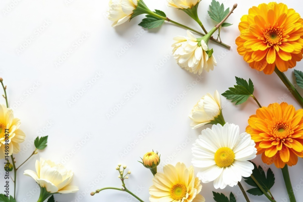 Obraz premium Delicate marigold & white floral arrangement on white , photography, vivid