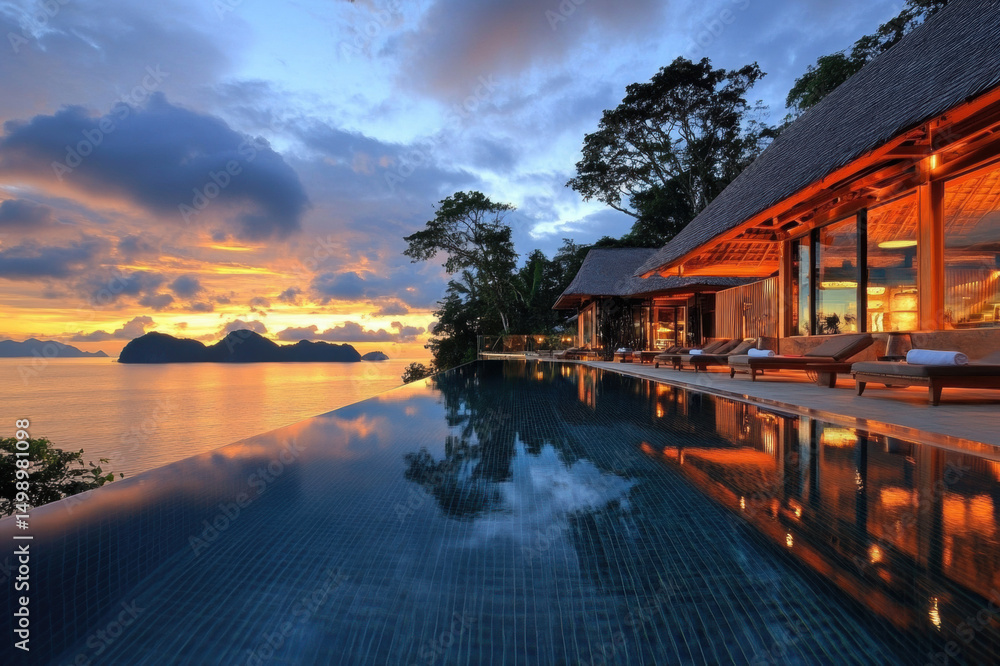 Fototapeta premium Sunset view over calm waters with reflections of houses and nature