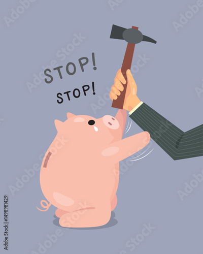 A Piggy Bank Stops Breaking From Hammer. Broken Piggy Bank, Finance Crisis Concept. Illustration Vector Cartoon.