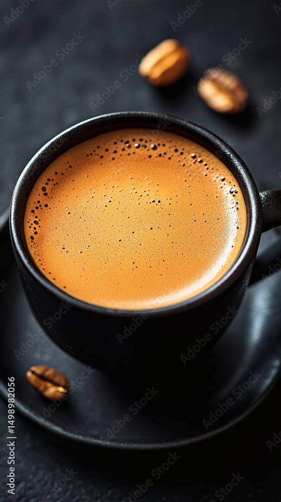 Black cup of espresso with crema and coffee beans on dark background Black cup of espresso with crema and coffee beans on dark background