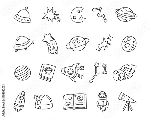 Astronomy outline line art educational exploration set featuring planets, rockets, telescopes, books, constellations, satellites, and scientific elements for yours illustration and creative designs pr