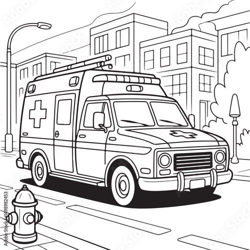 A line art sketch of an ambulance with a medical cross symbol on the side, parked in a city street with buildings, fire hydrant, and clouds, captured in a detailed black-and-white style.
