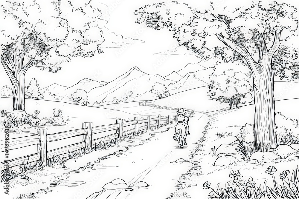 Obraz premium Child Riding Pony on Dirt Path with Trees and Hills Coloring Page