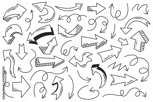 A playful collection of hand-drawn doodle arrows. Includes various curved, zigzag, spiral, and dashed arrow styles — ideal for presentations, infographics, bullet journals, and creative projects.