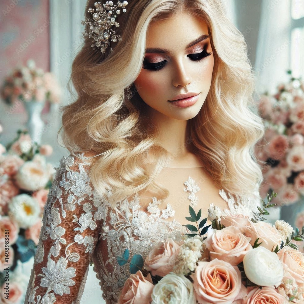 Fototapeta premium Beautiful bride with red roses, Wedding concept