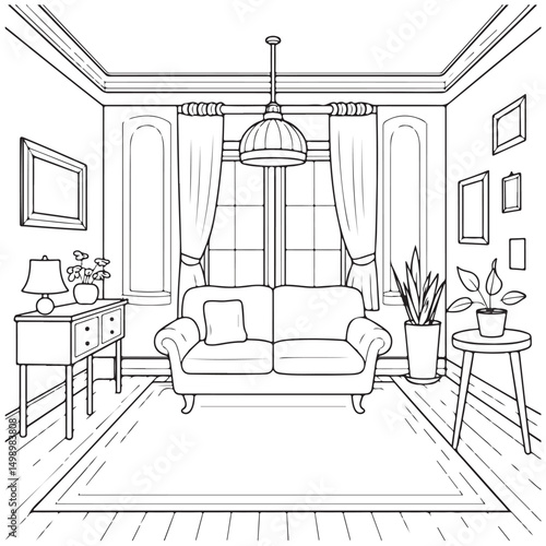 Living Room Interior with Sofa, Bookshelf, and Window - Line Art for Home Design