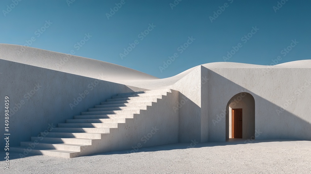 Obraz premium Minimalist architecture white building with stairs and door under blue sky design and travel photography