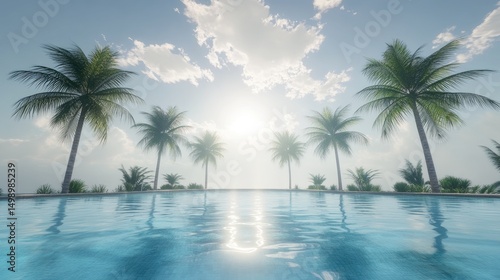 Tropical paradise pool scene under a bright sky.
