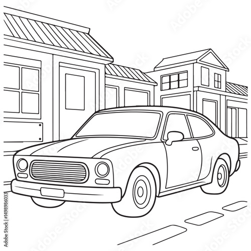  A classic car parked in front of a row of buildings, with clear outlines and a distinct urban street setting, captured in a black-and-white sketch style for artistic use.