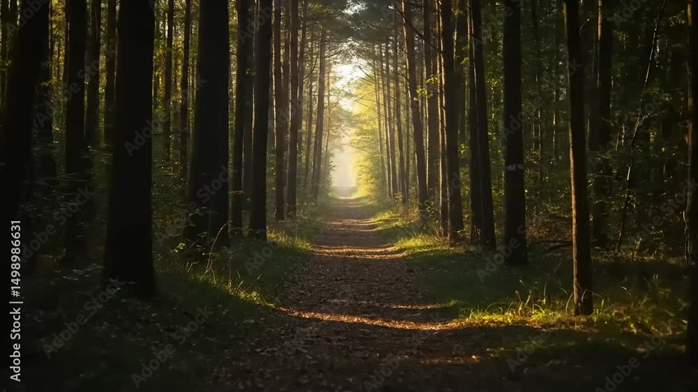 Serene forest pathway illuminated by sunlight, surrounded by tall trees and fallen leaves Serene forest pathway illuminated by sunlight, surrounded by tall trees and fallen leaves