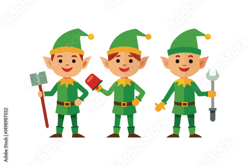 Vector art illustration of three elves in different poses with hats and tools.eps