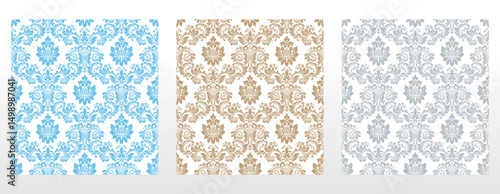 Wallpapers in the style of Baroque.. Set of colored floral ornaments. Seamless vector backgrounds Graphic patterns for fabric, wallpaper, packaging. Ornate Damask flower illustration